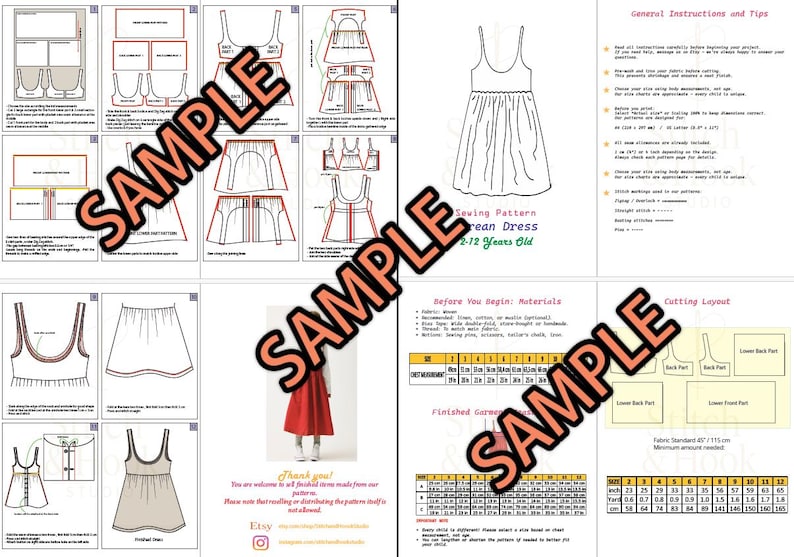 May include: A collection of sewing pattern pages, including diagrams and instructions for a dress. The pages feature illustrations of dress components, cutting layouts, and size charts. The text includes "Sewing Pattern", "Dress", and "2-12 Years Old".