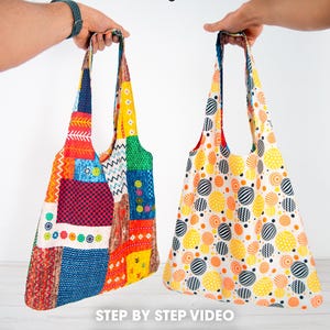 May include: Two reversible tote bags are held up against a white background. One bag is patchwork with red, blue, yellow, and green patterns. The other bag is yellow with orange and black circular designs. Text at the top reads "REVERSIBLE ToteBag PDF Sewing Pattern."