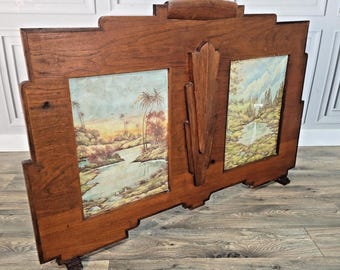 Vintage Art Deco Firescreen - Wooden Double Scenic Picture Panel Screen - Retro