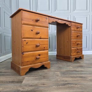 Vintage Pine Desk Twin Pedestal Rustic Home Office Dressing Writing Table Retro