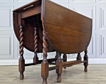 Antique Gateleg Dining Table - Solid Oak Barley Twist Drop Leaf Kitchen Vintage