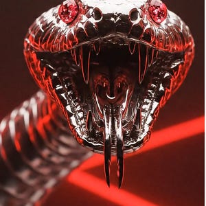 Peut inclure: Gros plan sur une tête de serpent métallique avec des yeux en pierres précieuses rouges et des crocs acérés. Les écailles du serpent reflètent l'éclairage rouge, créant un effet visuel dramatique et intense. La langue du serpent est fourchue et noire.