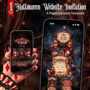 May include: A digital Halloween website invitation template featuring a carnival theme with a clown graphic, red and black diamond patterns, and text including Carnival of Terror, Carnevil Halloween Party, Hosted by Ellie + Beth, and Oct 29th.