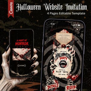 May include: A digital Halloween website invitation template featuring four editable pages. The design displays a dark, gothic aesthetic with a blood-splattered envelope, vampire fangs, and text including A Night of Horror, Halloween Party, and RSVP.