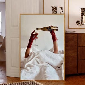 Wine in Bed Poster Woman Drinking Wine in Bed Art Print: Trendy Room Decor (Digital Download)