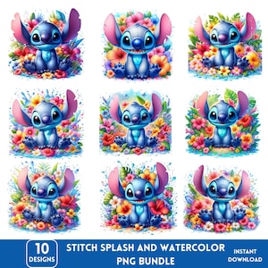 10 Watercolor Stitch Splash Png Designs Bundle, Stitch Png, Cute Stitch Shirt Png, High Resolution, T Shirt Designs, Sublimation Png Files