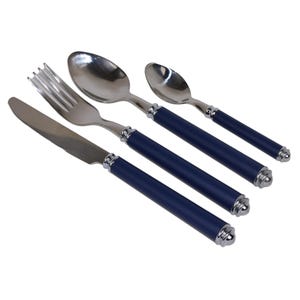May include: A set of stainless steel cutlery with navy blue handles. The set includes a knife, fork, spoon, and teaspoon. The handles are cylindrical with silver-coloured accents.