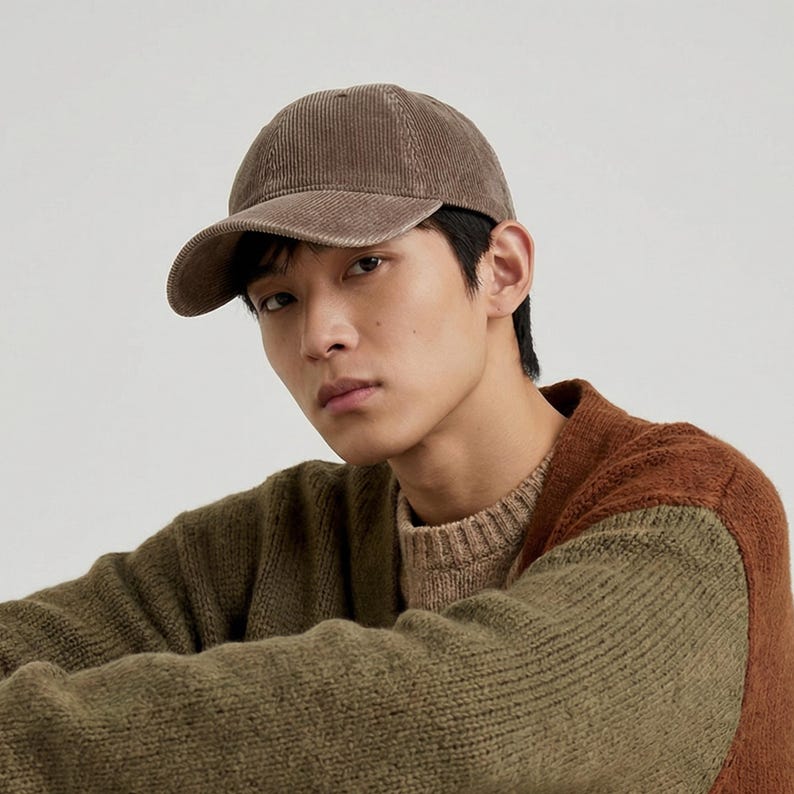 May include: A brown corduroy baseball cap with a curved brim. The cap is a solid color and has a classic six-panel design. The cap is worn by a person wearing a green and brown sweater.