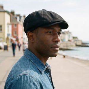 May include: A solid black newsboy cap featuring a rounded crown, a short stiff brim, and a structured panel design. The cap is crafted from a smooth fabric and sits securely on the head, providing a classic silhouette with a button detail on top.