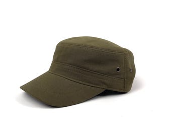 Green Cotton Castro Cap: Adjustable Military Cadet Hat