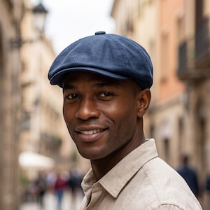Pode incluir: Um boné de estilo boina em azul-marinho liso, com uma coroa arredondada, um pequeno botão no topo e uma pala curta e curva. O boné é construído com vários painéis costurados que se unem no centro, criando uma silhueta estruturada e clássica.