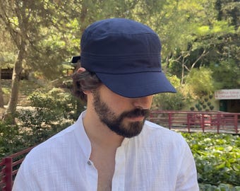 Blue Cotton Castro Cap: Adjustable Military Cadet Hat