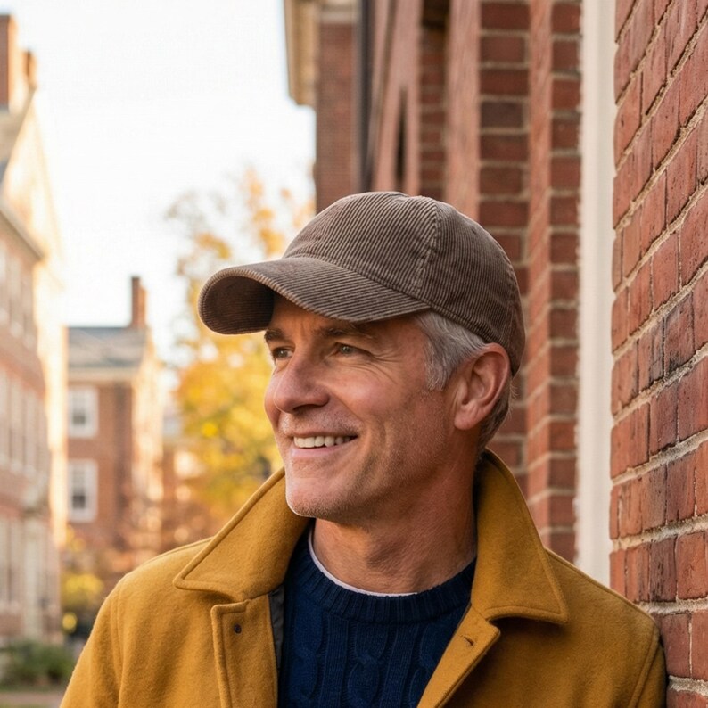 May include: A brown corduroy baseball cap with a curved brim. The cap is worn by a person wearing a yellow coat and a blue sweater. The background includes a brick wall and buildings.