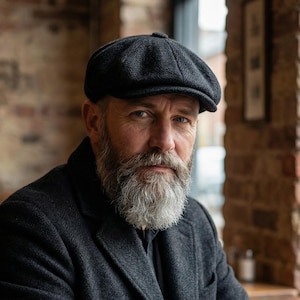 Black Herringbone Wool Newsboy Cap: Vintage Gatsby Style,Peaky Blinders Cap