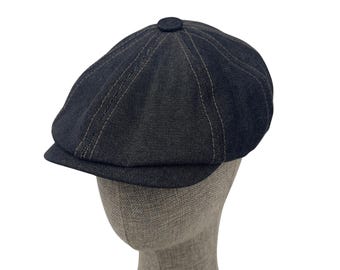 Black Denim Newsboy Cap: 8-Panel Gatsby Style, Adjustable Fit,Peaky Blinders Cap, Tommy Shelby Cap