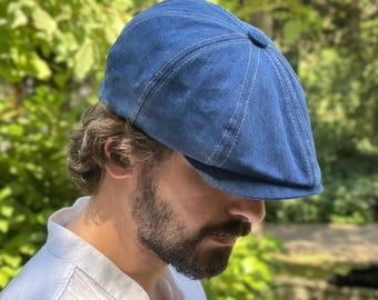 Dark Blue Denim Newsboy Cap: 8-Panel Gatsby Style, Adjustable Fit