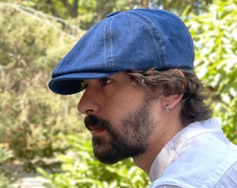 Dark Blue Denim Newsboy Cap: 8-Panel Gatsby Style, Adjustable Fit,Peaky Blinders Cap, Tommy Shelby Cap