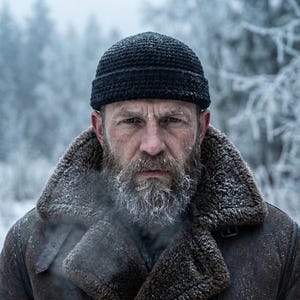 Puede incluir: Un gorro de ganchillo negro con borde doblado usado por una persona con una barba completa cubierta de escarcha. La persona viste una chaqueta de cuero marrón oscuro con un cuello de borrego grueso y texturizado en un entorno exterior frío y nevado.