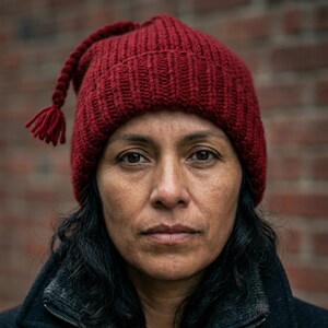 Può includere: Ritratto di una persona con un berretto rosso lavorato a maglia con un nappa. Il berretto è di un rosso intenso e copre la parte superiore della testa. La persona ha i capelli scuri e indossa un cappotto scuro. Lo sfondo è un muro di mattoni.