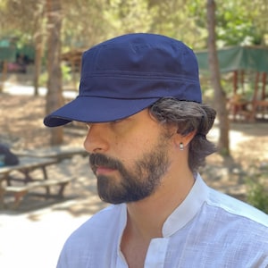 Blue Cotton Castro Cap: Adjustable Military Cadet Hat