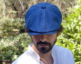 Dark Blue Denim Newsboy Cap: 8-Panel Gatsby Style, Adjustable Fit