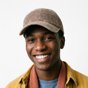May include: A brown corduroy baseball cap with a curved brim. The cap is worn by a person wearing a yellow jacket, a rust-colored shirt, and a blue shirt. The person is smiling.