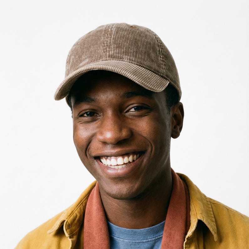 May include: A brown corduroy baseball cap with a curved brim. The cap is worn by a person wearing a yellow jacket, a rust-colored shirt, and a blue shirt. The person is smiling.