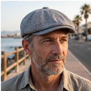 May include: A light gray newsboy cap featuring a textured fabric construction with a rounded crown, a central top button, and a short, stiffened brim. The cap is designed with a multi-paneled structure that creates a classic, structured silhouette.