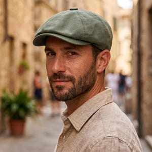May include: A sage green flat cap featuring a classic eight-panel construction with a central button detail on the crown and a short, stiffened brim. The cap is crafted from a textured fabric and maintains a rounded, structured shape.