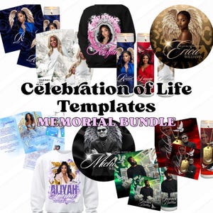 May include: A collection of memorial templates, including sweatshirts, candles, and cards. The designs feature images of people with angel wings, floral accents, and text such as "In Loving Memory" and "Celebration of Life".
