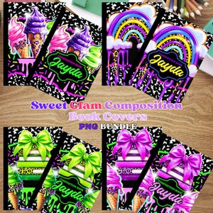 Peut inclure: Plusieurs couvertures de cahiers avec des motifs colorés. Les couvertures présentent des cornets de glace, des arcs-en-ciel, des nœuds et le nom "Jayda". Le texte "Sweet Glam Composition Book Covers PNG Bundle" est également visible.