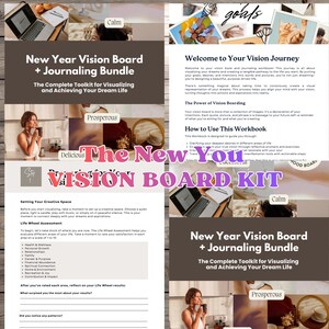 May include: A New Year Vision Board and Journaling Bundle, a complete toolkit for visualizing and achieving your dream life. The image shows a workbook with text and images, including the words "Calm", "Prosperous", and "Delicious".