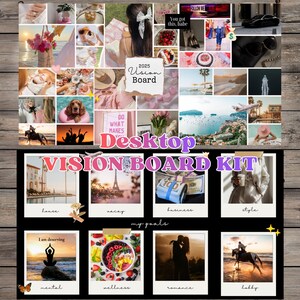 以下が含まれることがあります： 犬がプールにいる写真、ビーチのシーン、エッフェル塔の写真など、さまざまな画像を含むデスクトップビジョンボードキット。「2025 Vision Board」と「Desktop Vision Board Kit」の文字が含まれています。