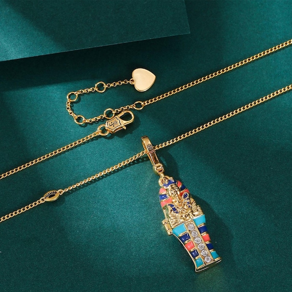 Egyptian Sarcophagus Pendant with Mummy Charm – Gold & Enamel Detail