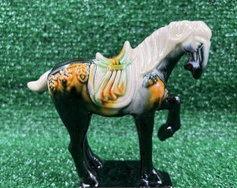 Vintage Tang Dynasty War Horse Figurine Glazed Ceramic Chinese Statue