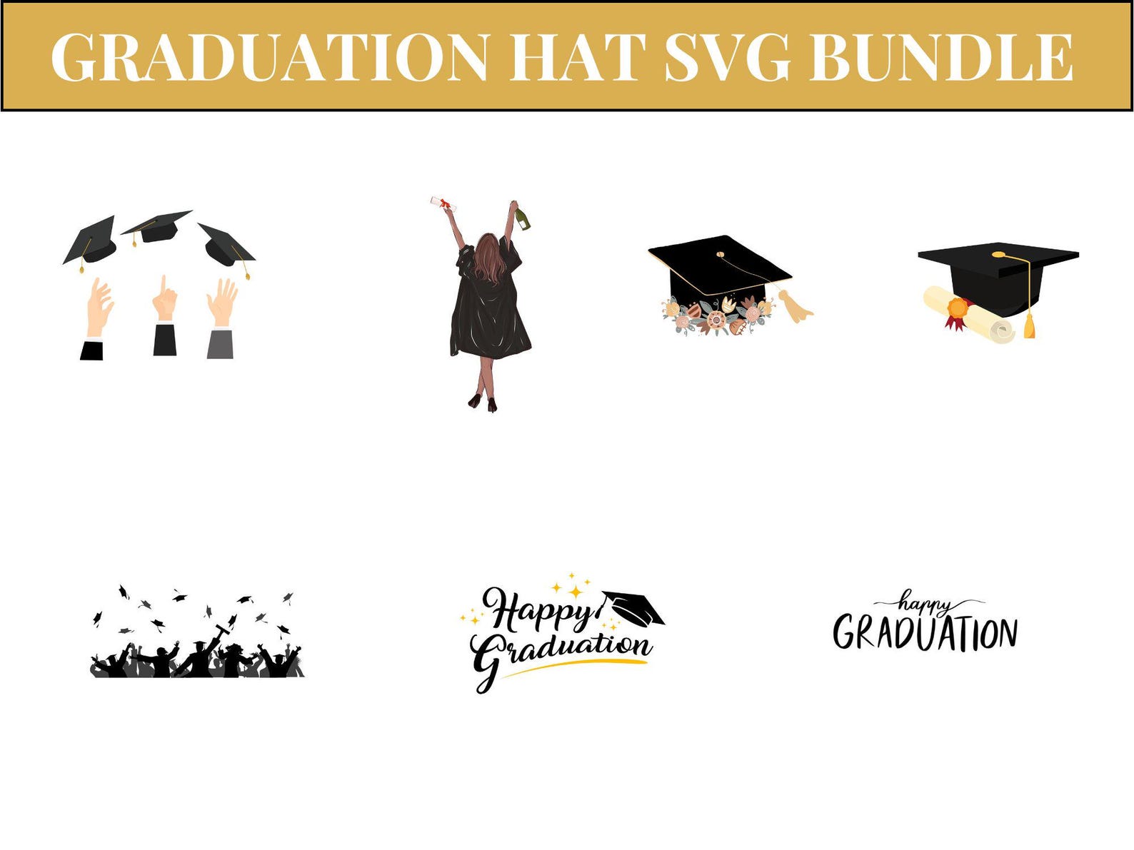 Happy Graduation Cap SVG Bundle: Topper Designs, Clipart (digital ...