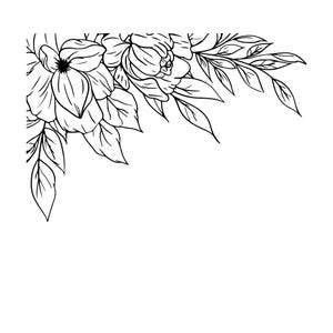 Puede incluir: Diseño de esquina floral en blanco y negro con contornos detallados de flores y hojas. Esta ilustración botánica es ideal para añadir un toque elegante a varios proyectos de diseño. La imagen está sobre un fondo blanco limpio.