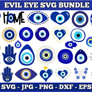 May include: A collection of blue and white evil eye designs in various shapes, including hearts, circles, and a horseshoe. The image includes the text "EVIL EYE SVG BUNDLE" and file type options: SVG, JPG, PNG, DXF, and EPS.