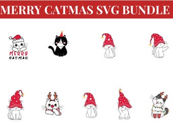 SVG de Feliz Navidad con Gatos, imágenes prediseñadas de gatos divertidos para Navidad, SVG y PNG navideños, diseño para sublimación con Cricut y Silhouette