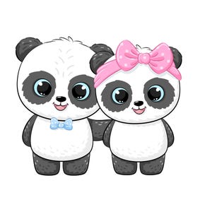 以下が含まれることがあります： 白黒の毛皮を持つ2匹の漫画のパンダ。1匹のパンダは青い蝶ネクタイを、もう1匹はピンクのリボンをしています。どちらのパンダも大きく、表情豊かな目をし、微笑んでいます。背景は白です。
