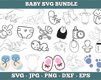 May include: A black and white baby SVG bundle with various illustrations, including a baby crawling, baby feet, baby shoes, a baby bottle, a pacifier, and a baby carriage. The text "BABY SVG BUNDLE" is at the top.