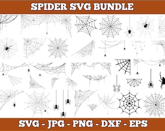 Puede incluir: Una colección de ilustraciones de telarañas y arañas en blanco y negro. La imagen incluye varios diseños de telarañas, arañas y el texto "SPIDER SVG BUNDLE" y "SVG - JPG - PNG - DXF - EPS".