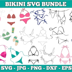 Pode incluir: Um pacote SVG digital com vários designs de biquínis em vários estilos e cores, incluindo rosa, azul, verde e preto. A imagem inclui o texto "BIKINI SVG BUNDLE" e opções de tipo de arquivo: SVG, JPG, PNG, DXF e EPS.