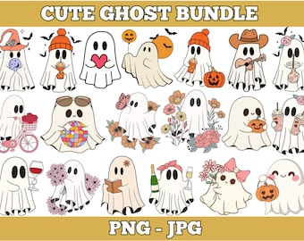 Retro Halloween Ghost PNG Bundle, Spooky Season Clipart (Digital Download)