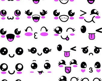 Lot de visages d'émotions en dessin animé : clipart kawaii (téléchargement numérique)