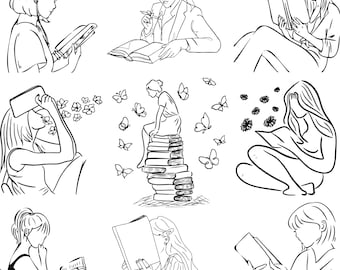 Book Lover Girl Reading PNG SVG, Librarian Teacher Clipart (Digital Download)