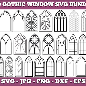 Puede incluir: Un conjunto de 30 diseños de ventanas góticas en blanco y negro, presentados como un paquete SVG. Las ventanas presentan diversas formas arqueadas y patrones intrincados, adecuados para proyectos de diseño digital. La imagen también incluye opciones de formato de archivo: SVG, JPG, PNG, DXF y EPS.