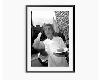 Anthony Bourdain Middle Finger Poster, Black and White, Vintage Photography, Printable Kitchen Wall Art, Dining Room Decor, Digital Download