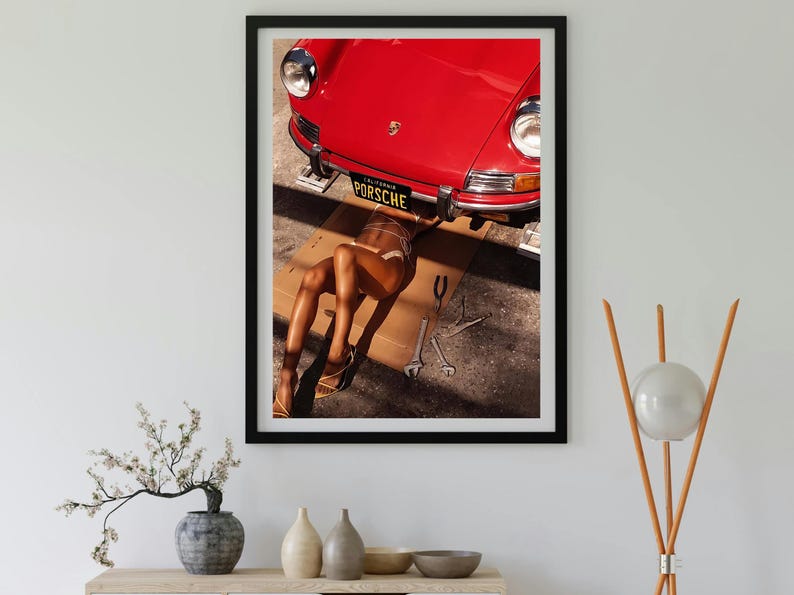 Girl Under Porsche Print, Vintage Porsche 911 Poster, Car Photography, Printable Hypebeast Wall Art, Teen Girl Room Decor, Digital Download
