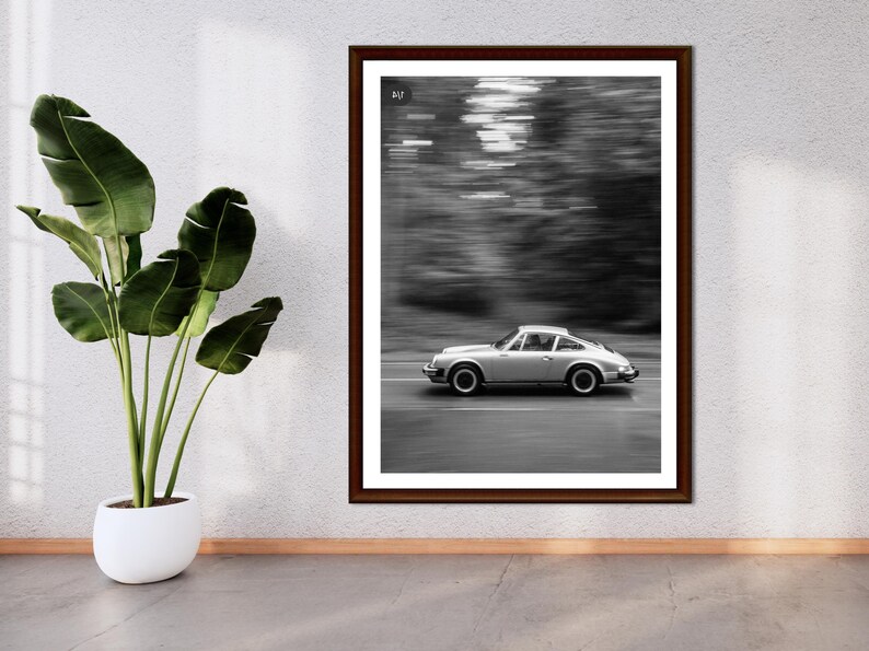 May include: Framed black and white photograph of a silver sports car speeding down a road. The image has a blurred background, suggesting motion. The car is the focal point, set against a backdrop of trees. The frame is dark brown.